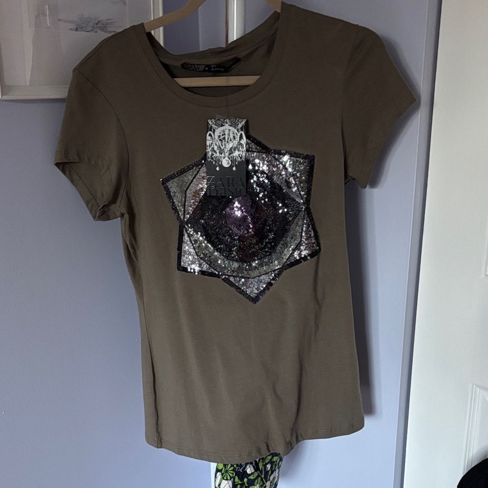 54. Zara Khaki Sequin Star Tee